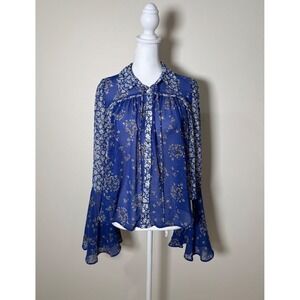 New Free People Blue Floral Bell Sleeve Blouse Shirt Top XS